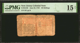 NJ-98. New Jersey. June 22, 1756. 30 Shillings. PMG Choice Fine 15 Net. Repaired, Severed & Reattached

No. 561, Plate B. A scarce higher denominati...