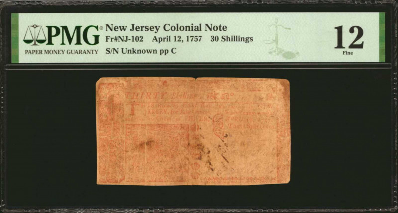 NJ-102. New Jersey. April 12, 1757. 30 Shillings. PMG Fine 12.

No. Unknown, P...