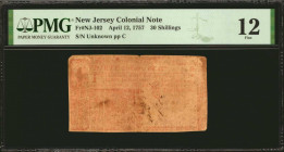 NJ-102. New Jersey. April 12, 1757. 30 Shillings. PMG Fine 12.

No. Unknown, Plate C. A rare April issued example of this 30 Shillings note. PMG com...