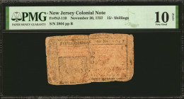 NJ-110. New Jersey. November 20, 1757. 15 Shillings. PMG Very Good 10 Net. Tape Repaired, Severed & Reattached.

No. 2804, Plate B. A scarce low den...