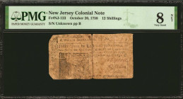 NJ-123. New Jersey. October 20, 1758. 12 Shillings. PMG Very Good 8 Net. Repaired, Severed & Reattached.

No. Unknown, Plate B. A scarcer October 17...