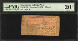 NJ-159. New Jersey. December 31, 1763. 3 Pounds. PMG Very Fine 20 Net. Tape Repairs.

No. 134, Plate B. A scarcer denomination from the December 176...