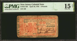 NJ-169. New Jersey. April 16, 1764. 6 Pounds. PMG Choice Fine 15 Net. Piece Added, Stained.

No. 169. A desirable tri-color 6 Pound note from the 17...