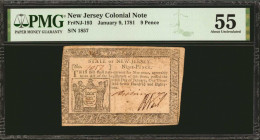 NJ-193. New Jersey. January 9, 1781. 9 Pence. PMG About Uncirculated 55.

No. 1857. A darkly printed 1781 Nine Pence note.

Estimate: USD 400 - 60...