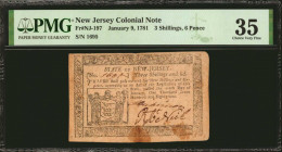 NJ-197. New Jersey. January 9, 1781. 3 Shillings, 6 Pence. PMG Choice Very Fine 35.

No. 1695. Attractive margins are noticed on this 1781 note. PMG...