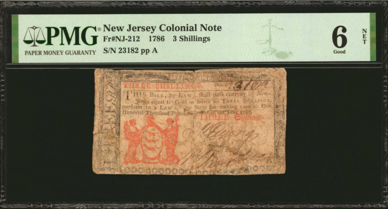 NJ-212. New Jersey. 1786. 3 Shillings. PMG Good 6 Net. Repaired, Pieces Added.
...