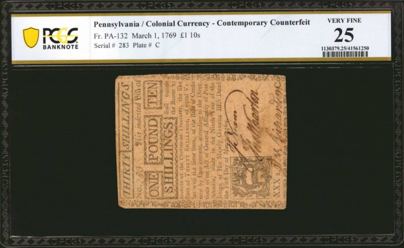 PA-132. Pennsylvania. March 1, 1769. 1 Pound 10 Shillings. PCGS Banknote Very Fi...