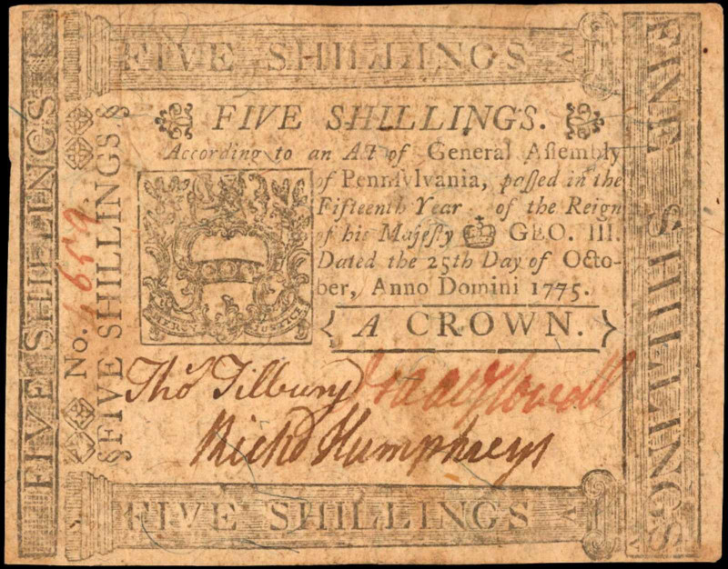 PA-189. Pennsylvania. October 25, 1775. 5 Shillings. About Uncirculated.

No. ...