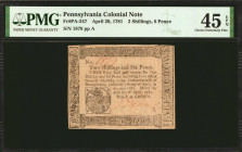 PA-247. Pennsylvania. April 20, 1781. 2 Shillings, 6 Pence. PMG Choice Extremely Fine 45 EPQ.

No. 1879, Plate A. PMG Pop 1/None Finer.

Estimate:...