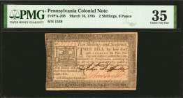 PA-268. Pennsylvania. March 16, 1785. 2 Shillings, 6 Pence. PMG Choice Very Fine 35.

No. 1539. Superb eye appeal is noticed on this mid-grade note....