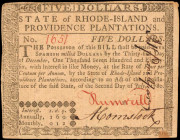 RI-286. Rhode Island. 1780. $5. Very Fine.

The penned details remain attractive on this Very Fine condition note. A small stain is noticed in the b...