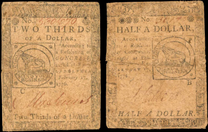Lot of (2).CC-21 & CC-22. Continental Currency. February 17, 1776. 1/2 & 2/3 Dol...