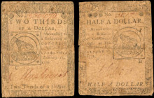 Lot of (2).CC-21 & CC-22. Continental Currency. February 17, 1776. 1/2 & 2/3 Dollar. Very Good.

A Fugio pair of $1/2 and $2/3 dollar notes. Both ar...