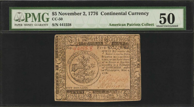 CC-50. Continental Currency. November 2, 1776. $5. PMG About Uncirculated 50.
...