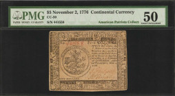 CC-50. Continental Currency. November 2, 1776. $5. PMG About Uncirculated 50.

No. 441558. Appealing design details are noticed on this 1776 Five.
...