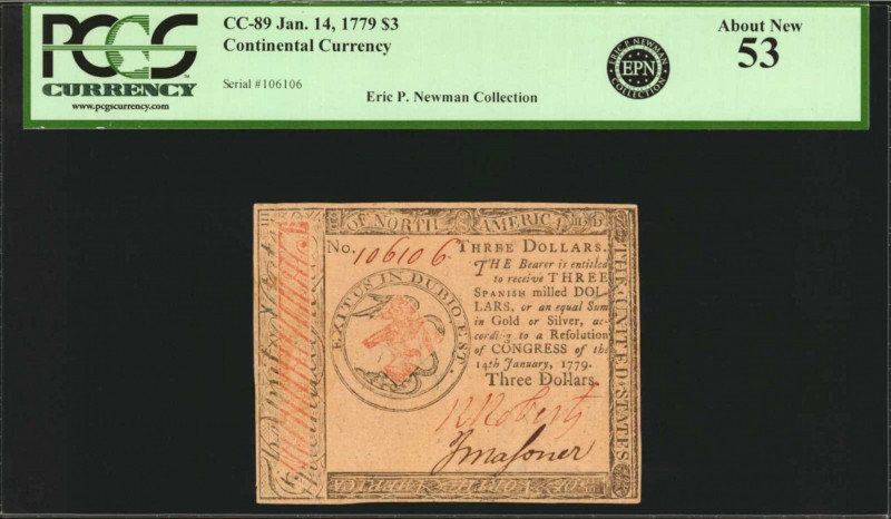 CC-89. Continental Currency. January 14, 1779. $3. PCGS Currency About New 53.
...