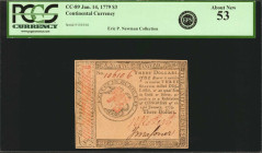 CC-89. Continental Currency. January 14, 1779. $3. PCGS Currency About New 53.

No. 106106. A repeater serial number is found on this 1779 $3.

Es...
