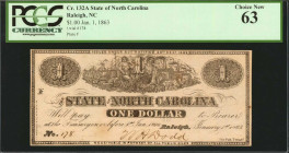 Raleigh, North Carolina. State of North Carolina. January 1, 1863. $1. PCGS Currency Choice New 63.

No. 178, Plate F. A scarce variety which depict...