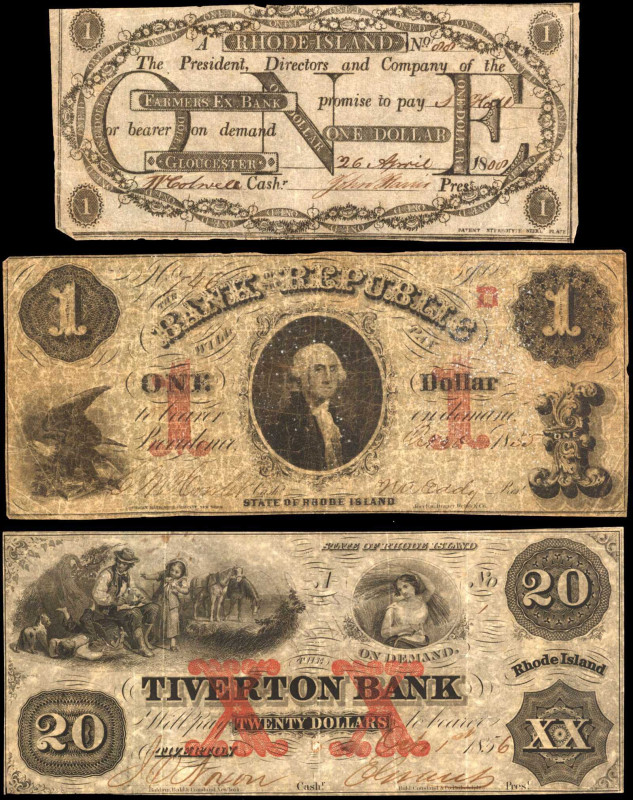 Lot of (3) Mixed Cities, Rhode Island. Mixed Banks. 1800-56. $1 & $20. Fine to V...