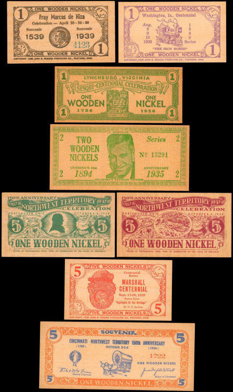 Lot of (8) 1935-39 Wooden Nickels. Uncirculated.

A grouping of eight wooden n...