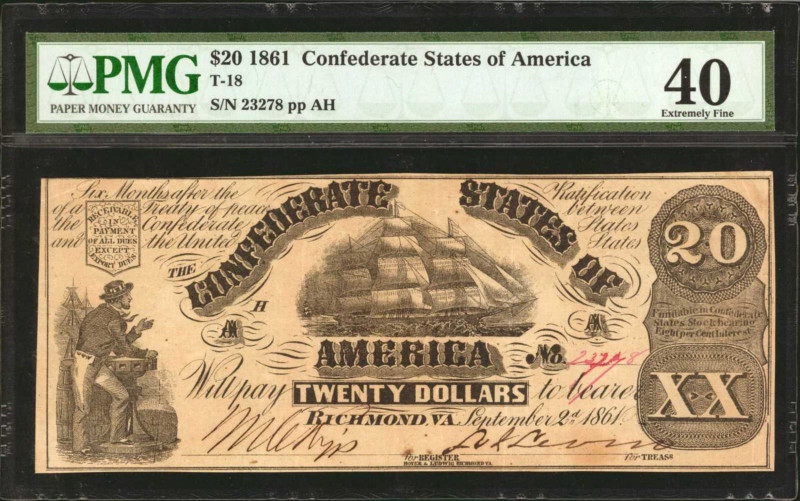 T-18. Confederate Currency. 1861 $20. PMG Extremely Fine 40.

No. 23278, Plate...