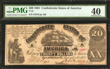 T-18. Confederate Currency. 1861 $20. PMG Extremely Fine 40.

No. 23278, Plate AH. A mid grade offering of this 1861 Twenty which displays a ship at...