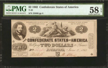 T-42. Confederate Currency. 1862 $2. PMG Choice About Uncirculated 58 EPQ.

No. 33480, Plate 4. Allegorical South striking down the Union at top cen...