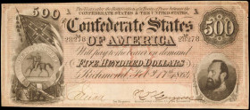 T-64. Confederate Currency. 1864 $500. Choice Very Fine.

A popular design which displays Stonewall Jackson's portrait at right with mounted soldier...