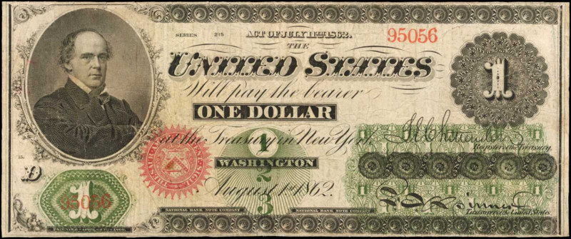 Fr. 16. 1862 $1 Legal Tender Note. Fine.

The red overprints and dark green un...