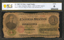 Fr. 17a. 1862 $1 Legal Tender Note. PCGS Banknote Good 6.

ABNC & NBNC imprints. Plate D. Left serial over "1".

Estimate: USD 125 - 225