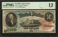 Fr. 42. 1869 $2 Legal Tender Note. PMG Fine 12.

A Rainbow Ace from the highly sought after Series of 1869. PMG comments "Closed Pinholes".

Estim...