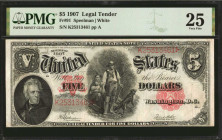 Fr. 91. 1907 $5 Legal Tender Note. PMG Very Fine 25.

President Andrew Jackson is found at left while a frontier family consisting of a man, woman, ...