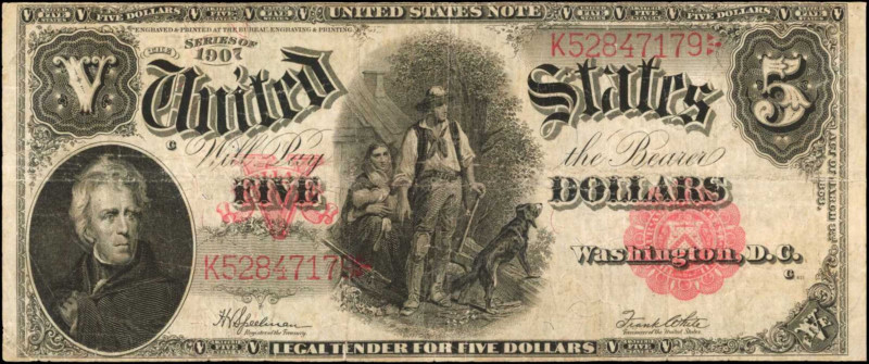 Fr. 91. 1907 $5 Legal Tender Note. Very Fine.

Internal tears and pinholes are...