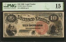 Fr. 103. 1880 $10 Legal Tender Note. PMG Choice Fine 15.

Pocahontas is depicted at right being presented to the Court of England, while Daniel Webs...