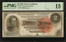 Fr. 242. 1886 $2 Silver Certificate. PMG Choice Fine 15.

Rosecrans-Hyatt signature combination with large red spiked treasury seal. Ornate design d...