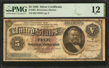 Fr. 263. 1886 $5 Silver Certificate. PMG Fine 12.

Rosecrans-Huston signature combination with large brown spiked treasury seal. A popular design ty...
