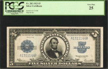 Fr. 282. 1923 $5 Silver Certificate. PCGS Currency Very Fine 25.

A Very Fine example is this always in demand Lincoln Porthole note.

Estimate: U...