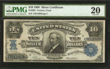 Fr. 302. 1908 $10 Silver Certificate. PMG Very Fine 20.

Good appeal of the primary design for the assigned grade is noticed on this Tombstone Ten. ...