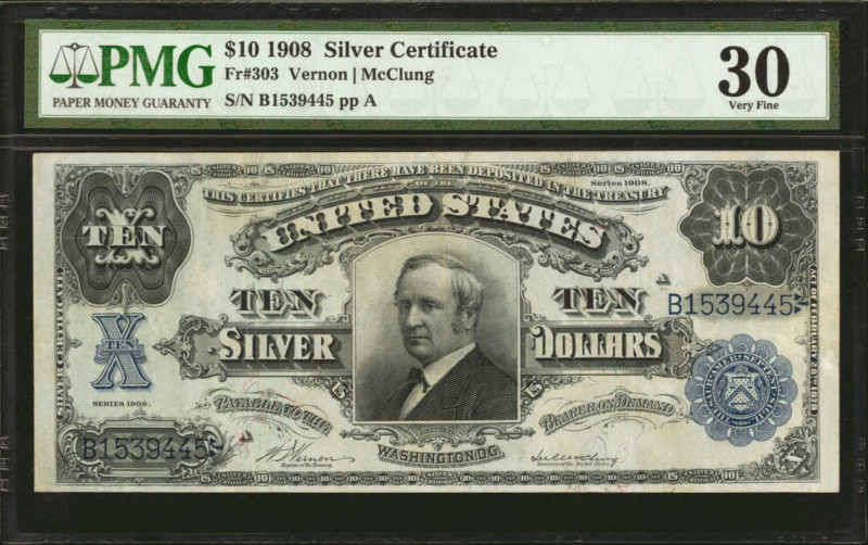 Fr. 303. 1908 $10 Silver Certificate. PMG Very Fine 30.

Dark design details a...
