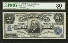 Fr. 303. 1908 $10 Silver Certificate. PMG Very Fine 30.

Dark design details and bold blue overprints are found on this 1908 $10. PMG comments "Tear...