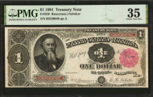 Fr. 350. 1891 $1 Treasury Note. PMG Choice Very Fine 35.

An attractive mid grade example of this Open Back series Ace. PMG comments "Minor Tear"
...