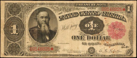 Fr. 350. 1891 $1 Treasury Note. Very Fine.

Rust is noticed on this Open Back Ace, along with paper pulls and toning.

Estimate: USD 100 - 150