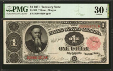Fr. 351. 1891 $1 Treasury Note. PMG Very Fine 30 EPQ.

An Open Back Treasury Ace which is found with PMG's coveted EPQ designation. The design retai...