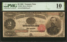 Fr. 358. 1891 $2 Treasury Note. PMG Very Good 10.

A Very Good example of this McPherson 1891 Deuce. PMG comments "Repaired, Corner Added"

Estima...