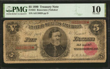 Fr. 361. 1890 $5 Treasury Note. PMG Very Good 10.

Rosecrans-Nebeker signature combination with small red seal at right. From the popular Ornate Bac...