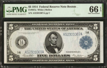 Fr. 847a. 1914 $5 Federal Reserve Note. Boston. PMG Gem Uncirculated 66 EPQ.

A wonderful Gem example of this 1914 Boston FRN. The paper is bright &...