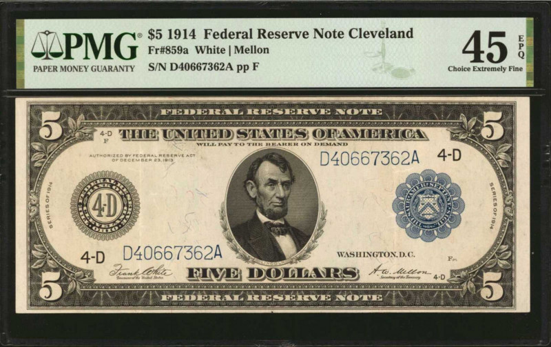 Fr. 859a. 1914 $5 Federal Reserve Note. Cleveland. PMG Choice Extremely Fine 45 ...