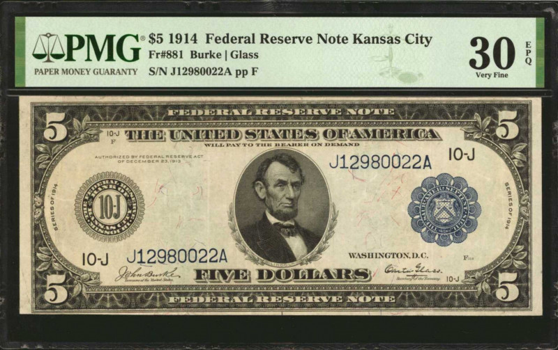 Fr. 881. 1914 $5 Federal Reserve Note. Kansas City. PMG Very Fine 30 EPQ.

A V...