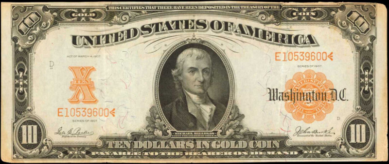 Fr. 1171. 1907 $10 Gold Certificate. Very Fine.

An attractive design in dark ...