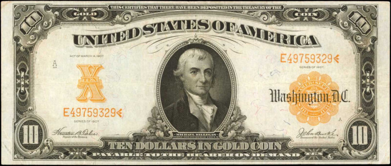 Fr. 1172. 1907 $10 Gold Certificate. Very Fine.

Honey gold overprints stand o...